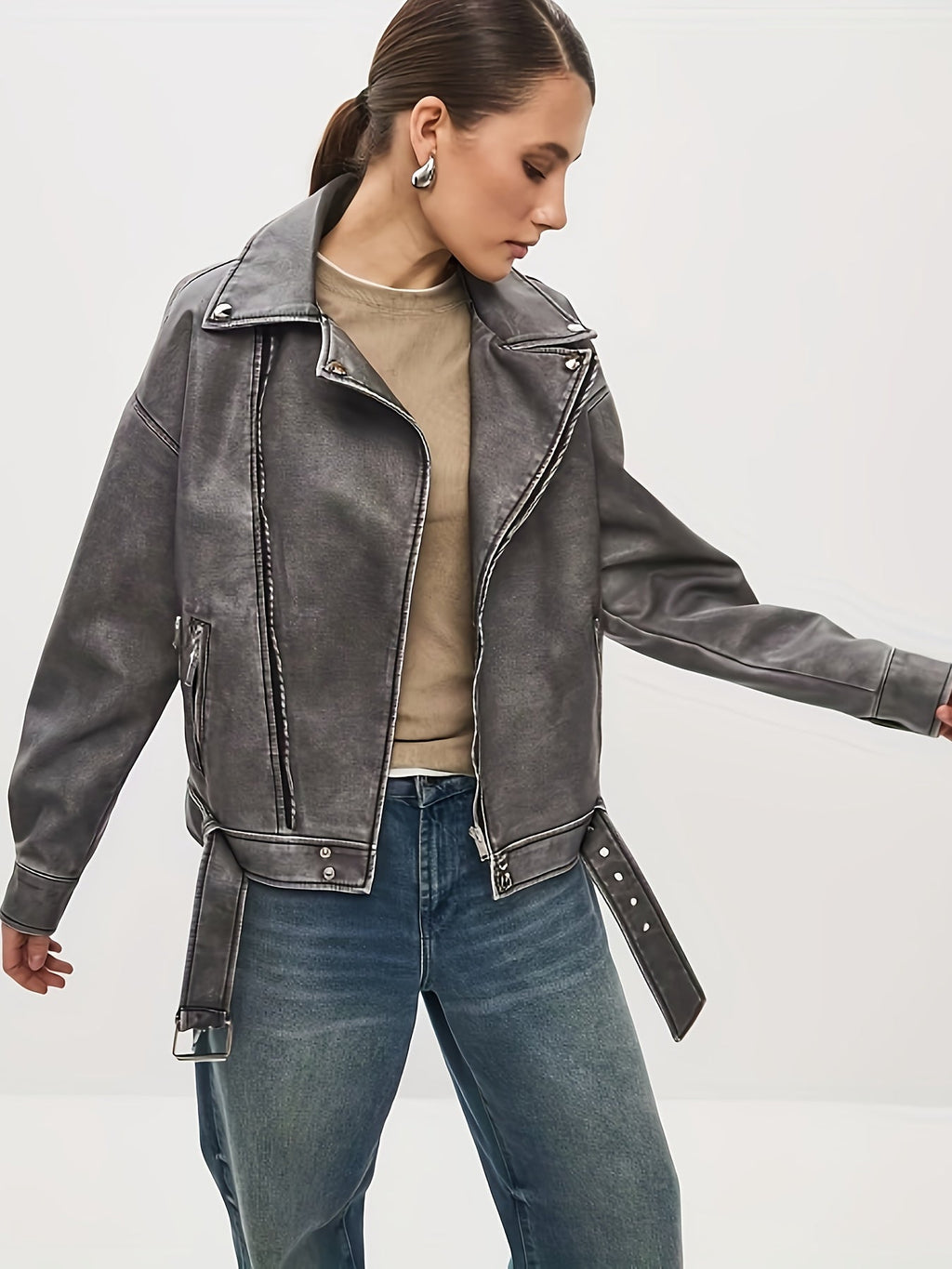 GR | Women's Oversized Leather Jacket with Belt