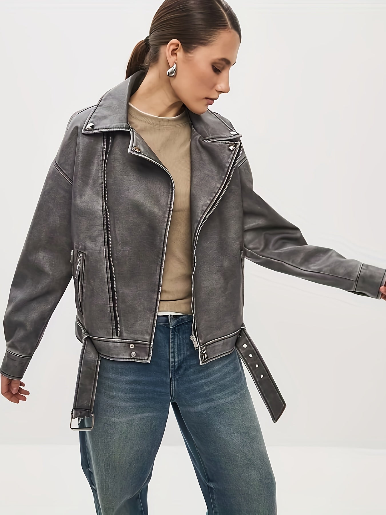 GR | Women's Oversized Leather Jacket with Belt
