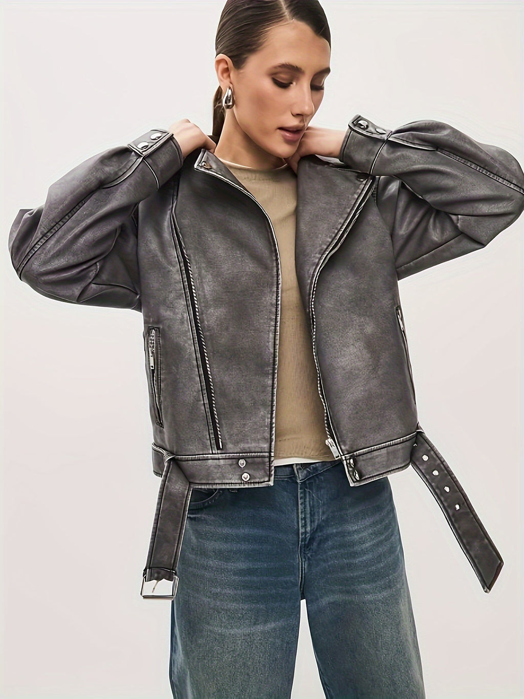GR | Women's Oversized Leather Jacket with Belt