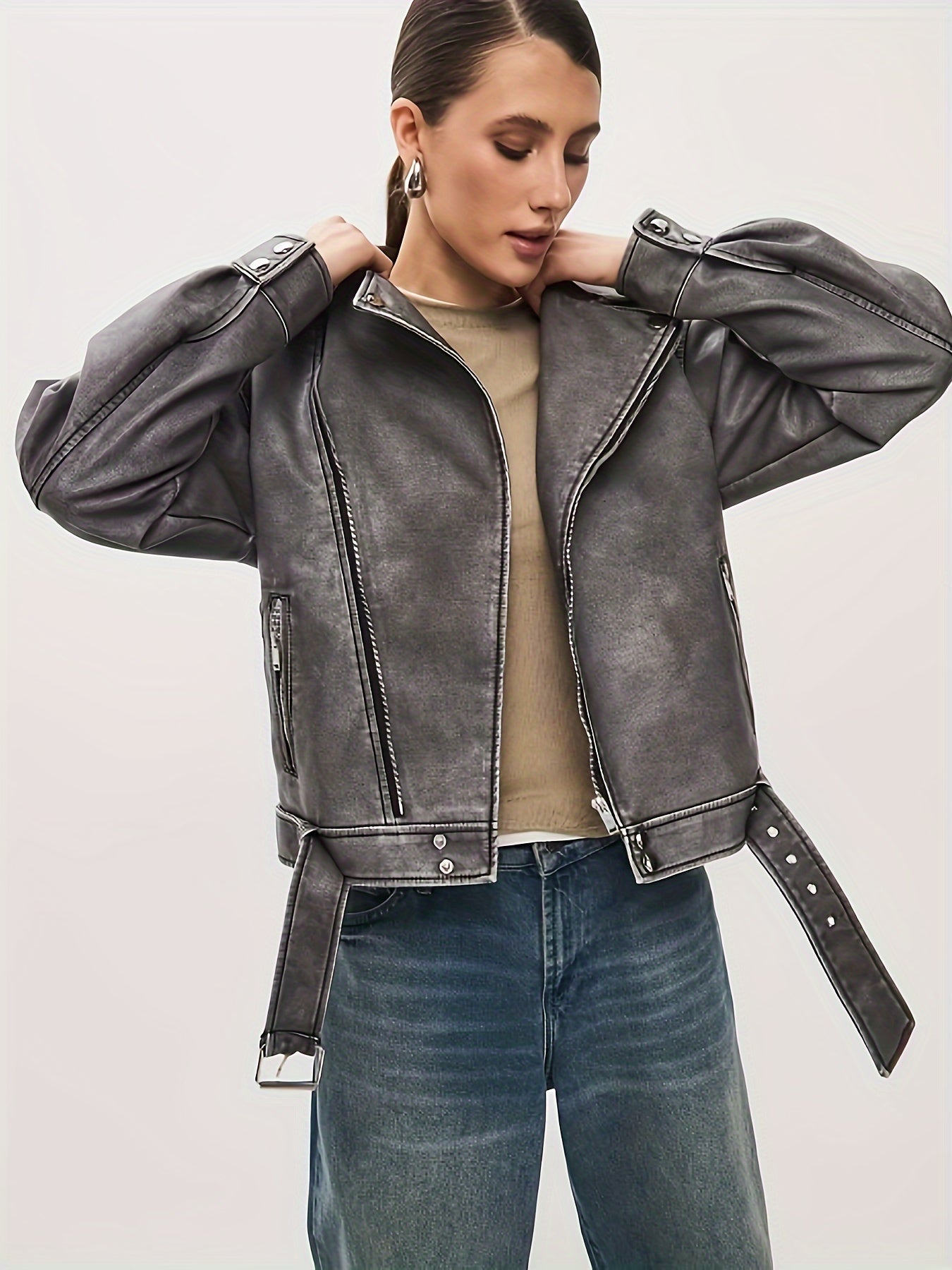 GR | Women's Oversized Leather Jacket with Belt