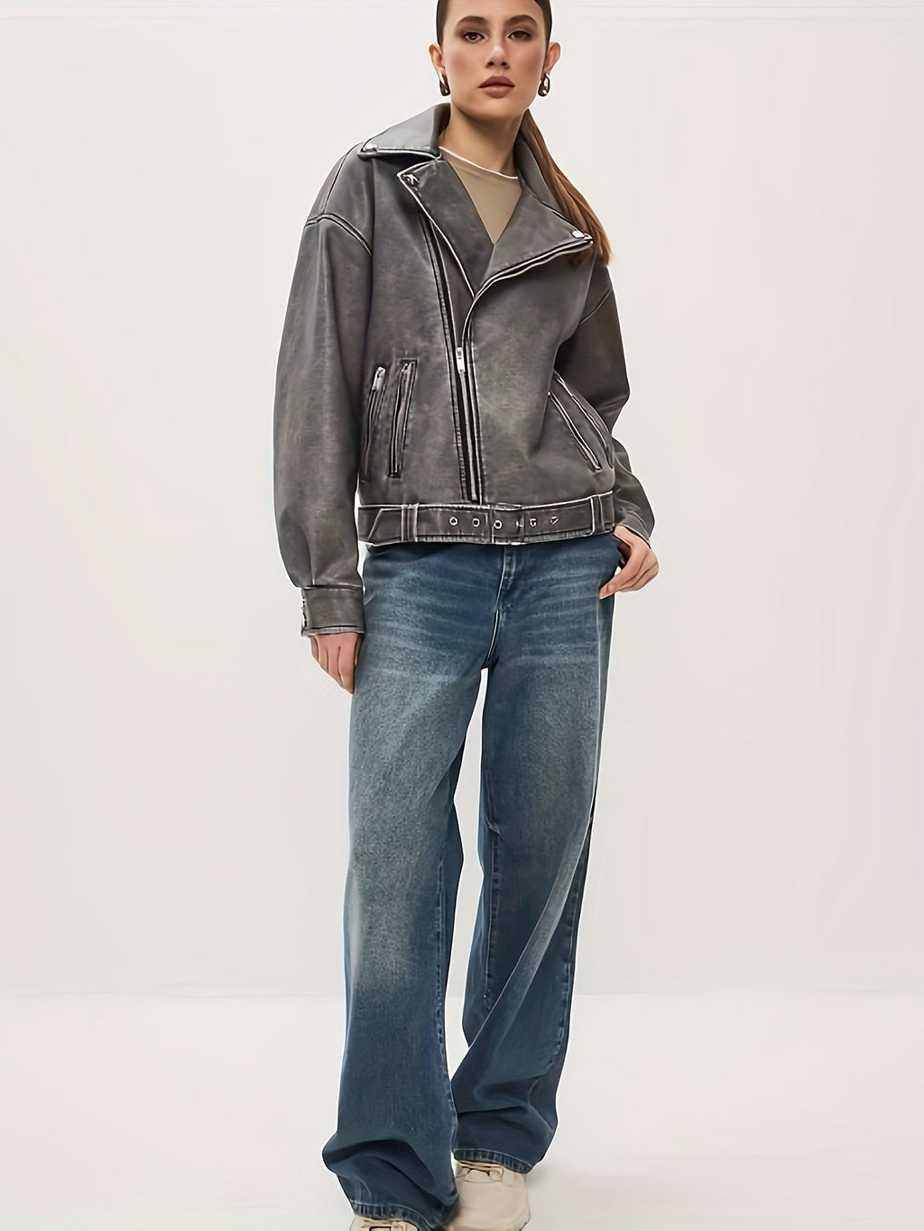 GR | Women's Oversized Leather Jacket with Belt
