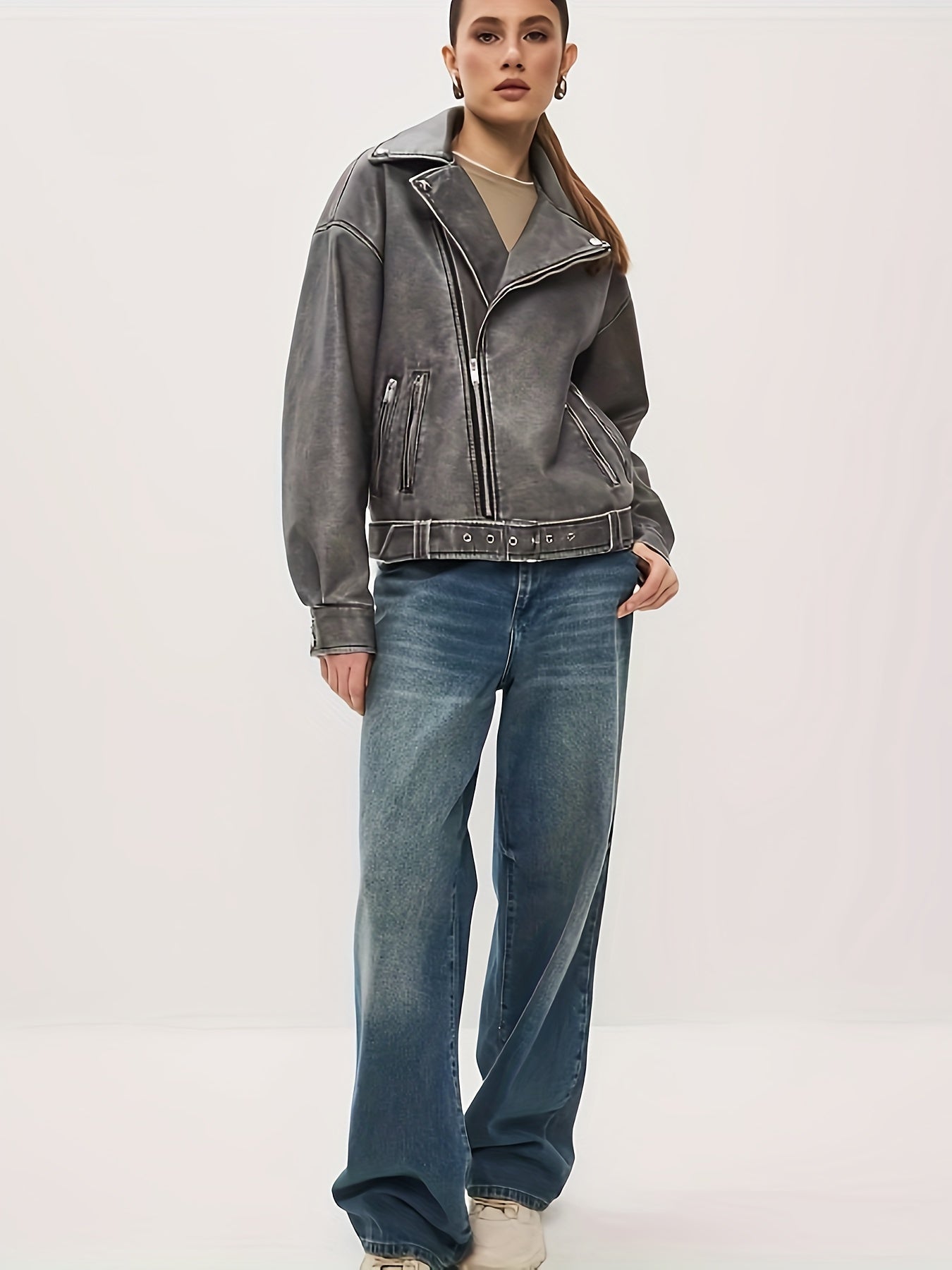 GR | Women's Oversized Leather Jacket with Belt