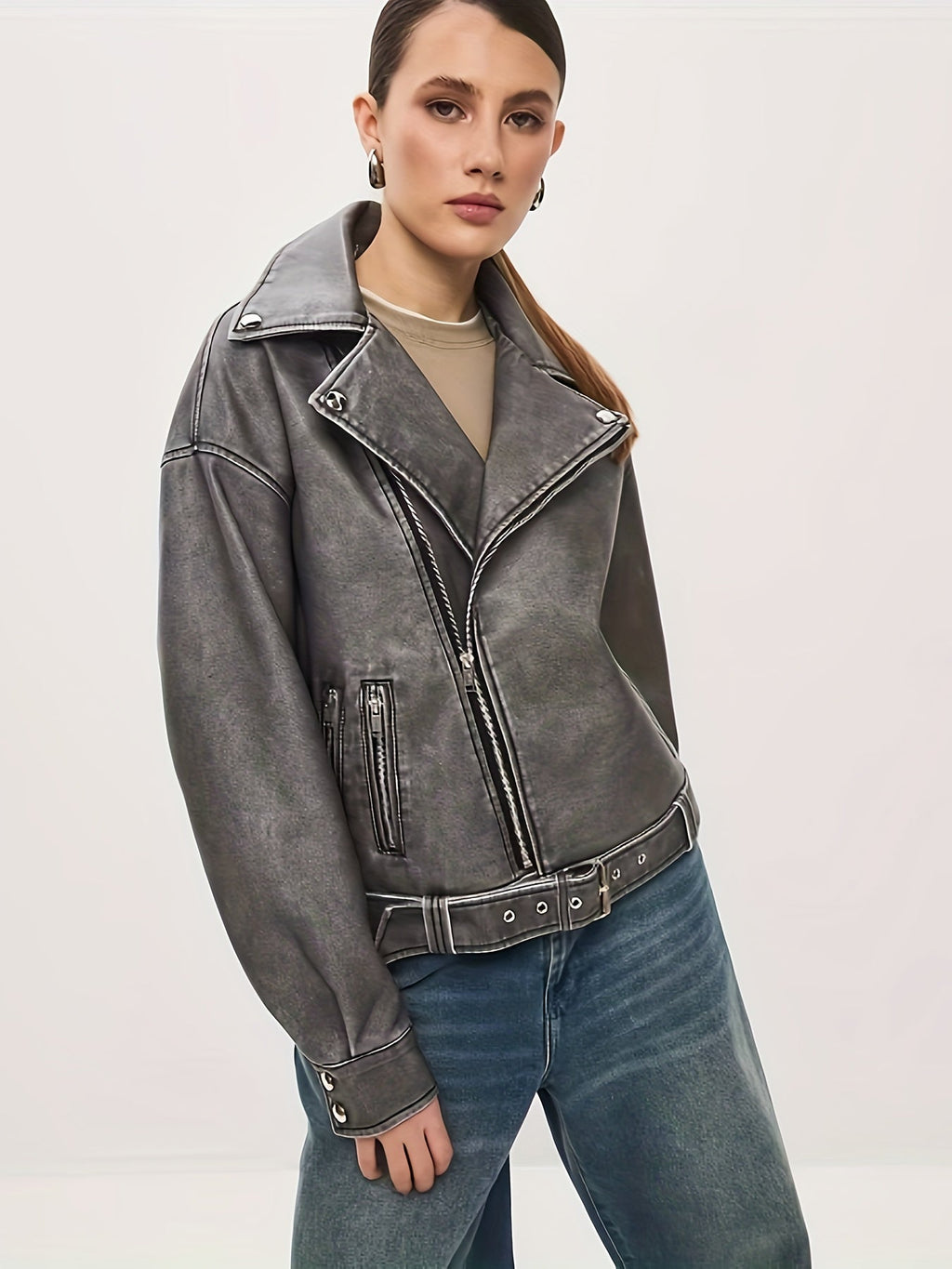 GR | Women's Oversized Leather Jacket with Belt