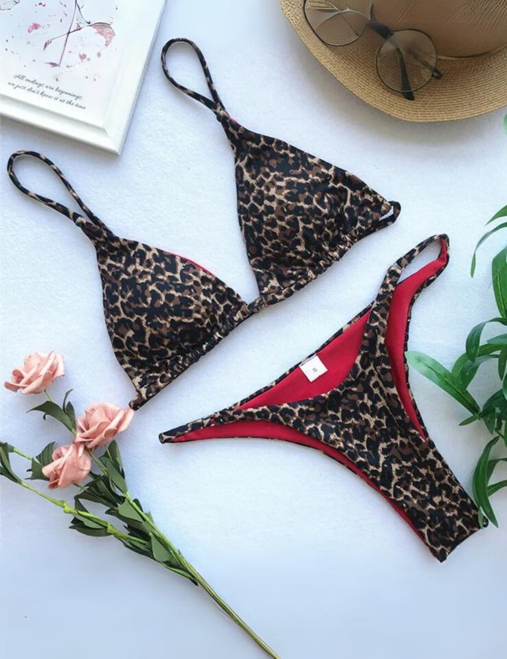 GR | Leopard print spaghetti strap triangle swimwear set