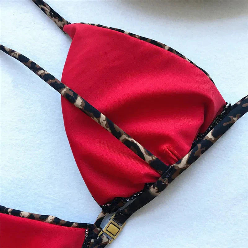GR | Leopard print spaghetti strap triangle swimwear set
