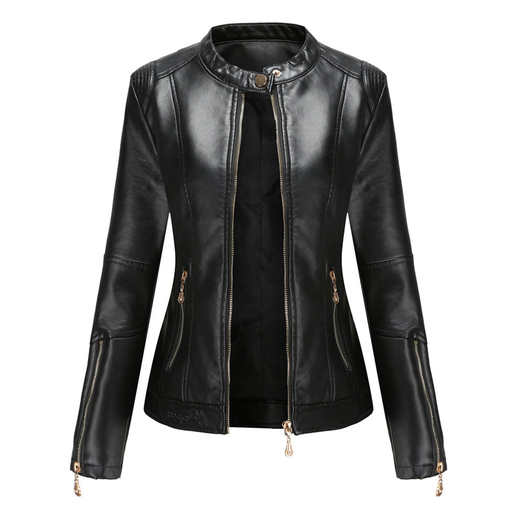 GR | Elegant leather jacket with round neck and button closure for women