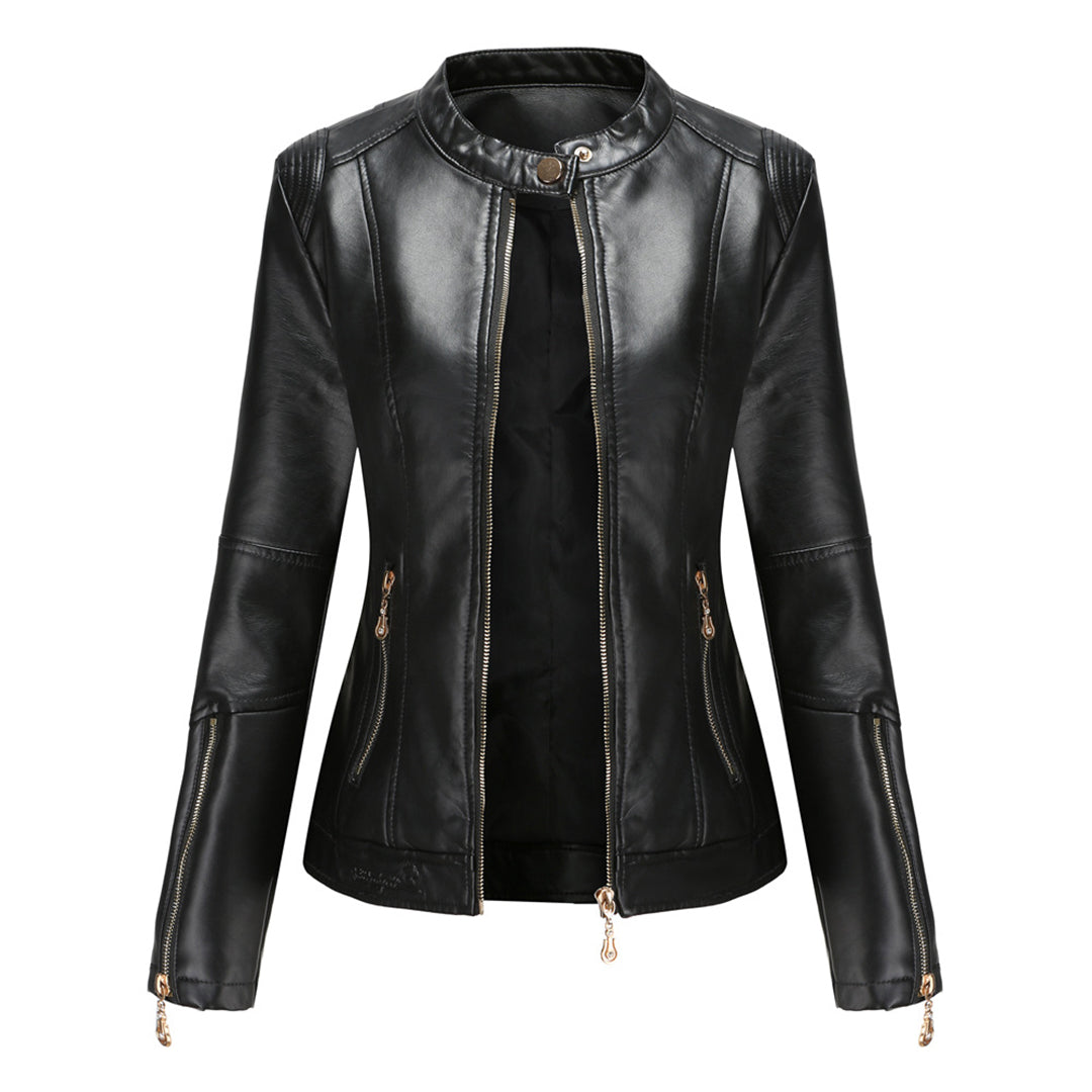 GR | Elegant leather jacket with round neck and button closure for women