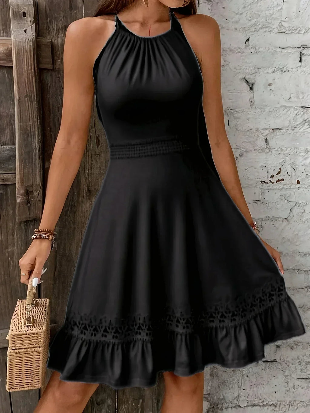 GR | Elegante Damenkleid Ohne Ärmel, mit Spitze, Schleife, Volants und Luftig für Sommer und Urlaub