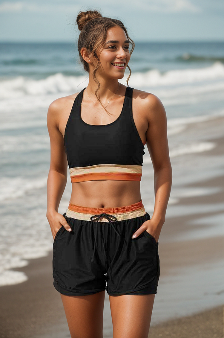GR | Black Colorblock Zip Back Sport Bikini Top with Boyshort Set