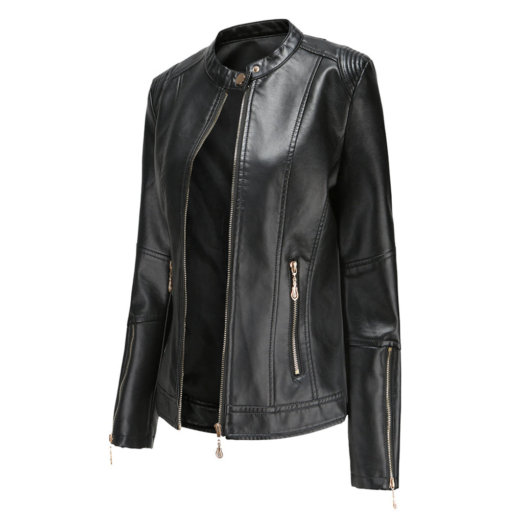 GR | Elegant leather jacket with round neck and button closure for women