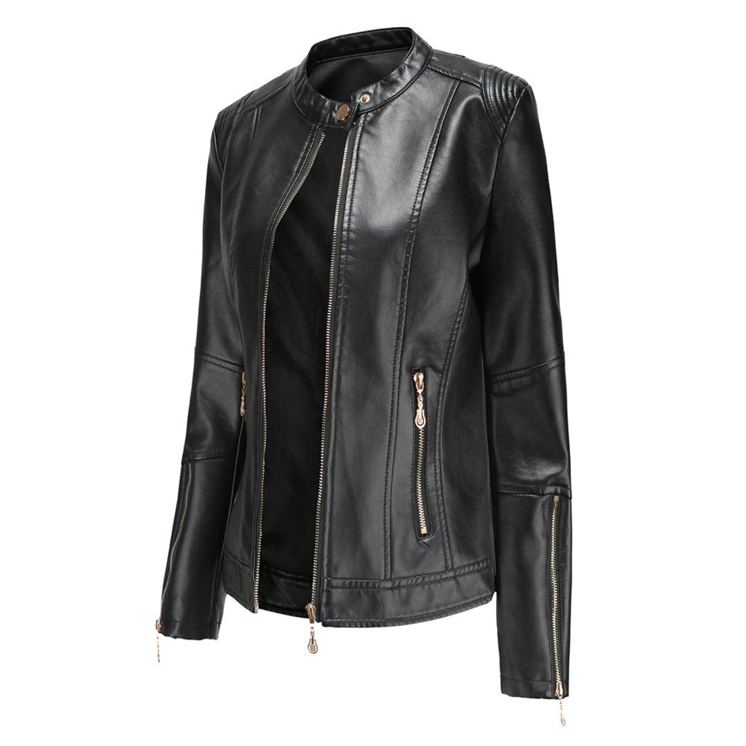 GR | Elegant leather jacket with round neck and button closure for women