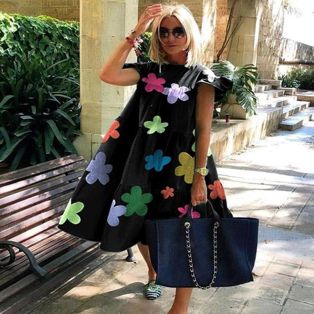 GR | A-line dress, knee-length, short sleeves, floral appliqué, lightweight