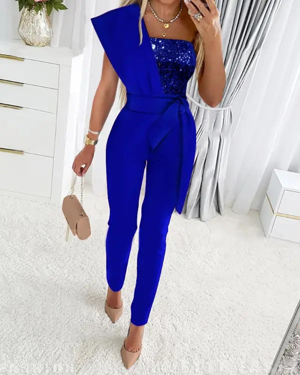 GR | One Shoulder Jumpsuit with Sequins and Waistband