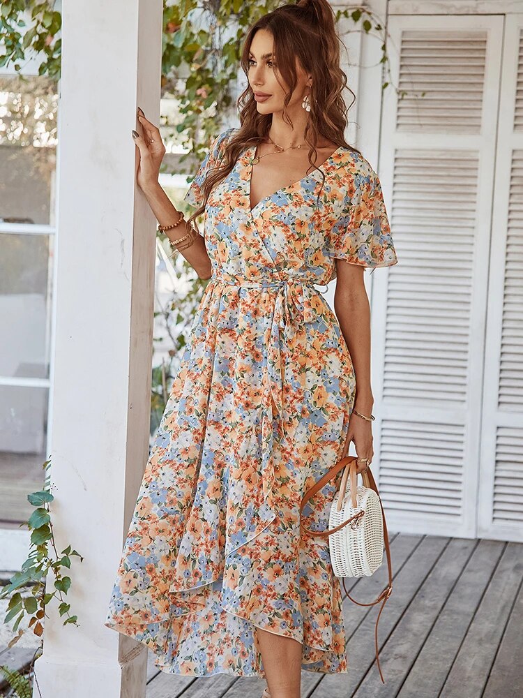 GR | Boho Stil Kurzarm Sommerkleid Midi Kleid