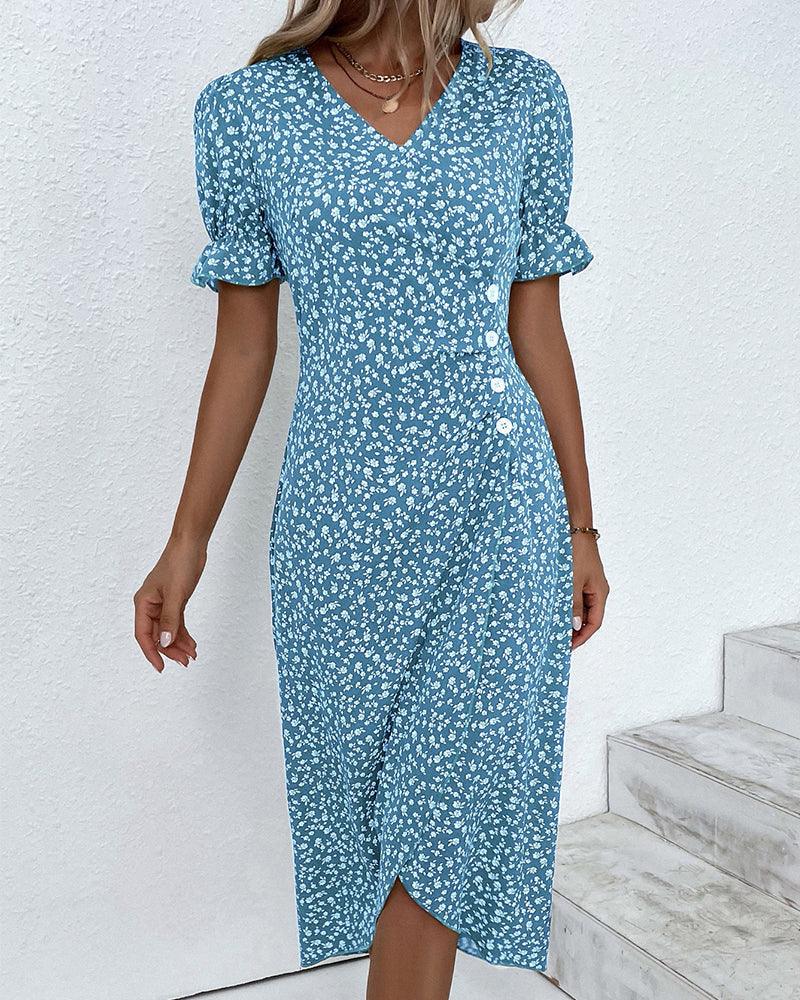 GR | Midi Blumen Sommerkleid Mit Kurzen Ärmeln