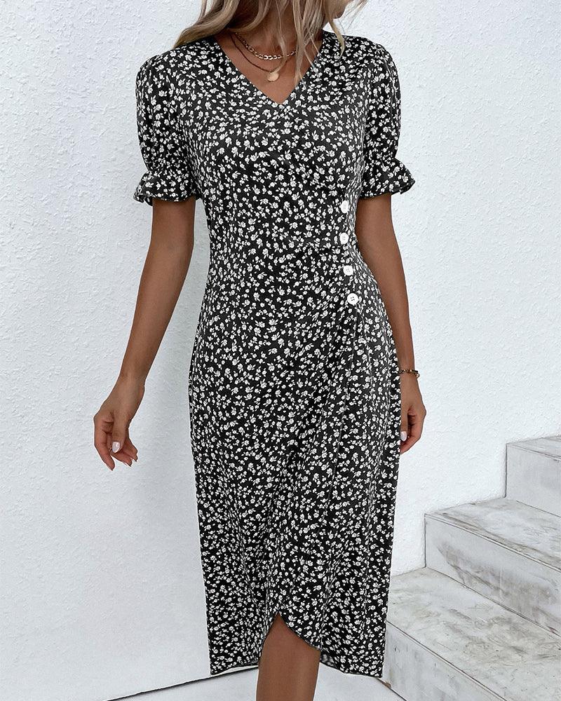 GR | Midi Blumen Sommerkleid Mit Kurzen Ärmeln