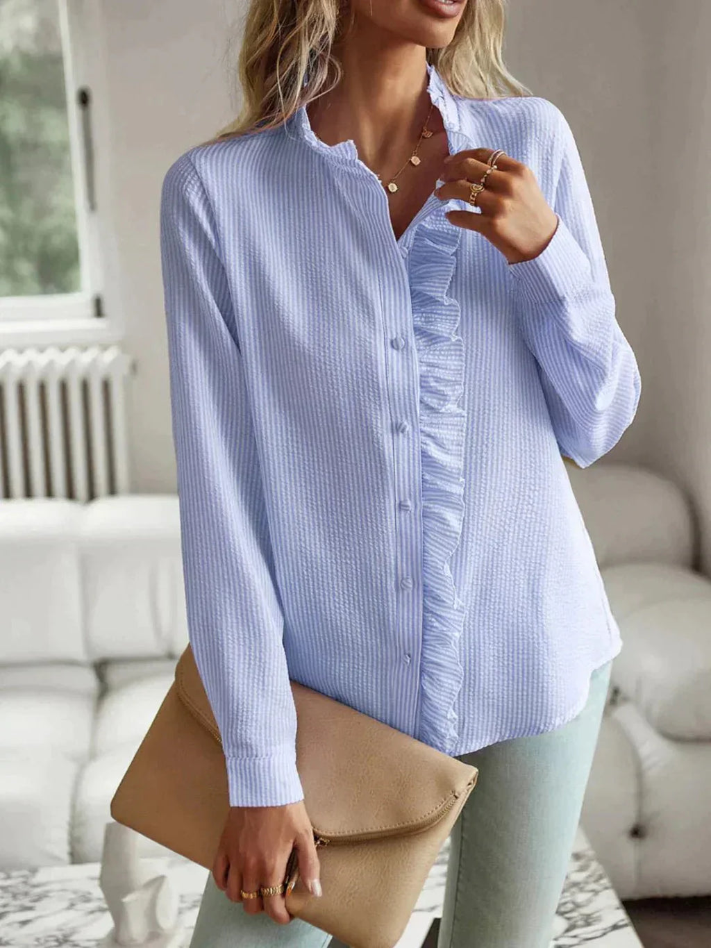 GR | Rüschen Lange Ärmel Gestreift Button up Damen Button up Hemden