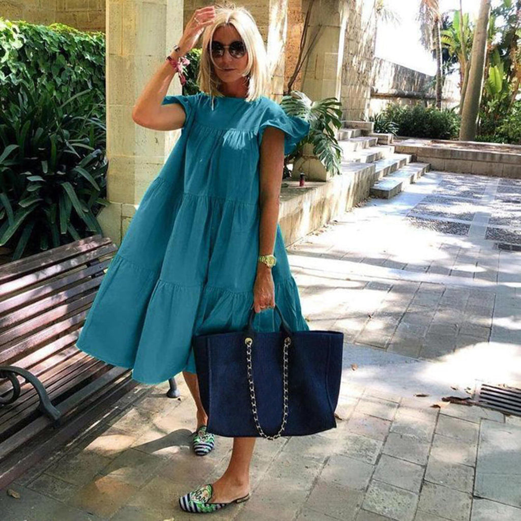 GR | A-line dress, knee-length, short sleeves, floral appliqué, lightweight