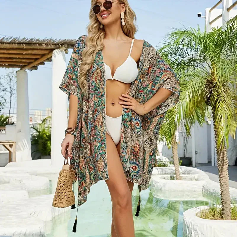 GR | Kimono, Paisley Print, Open Front, Bikini Cover Up, Beach Kimono