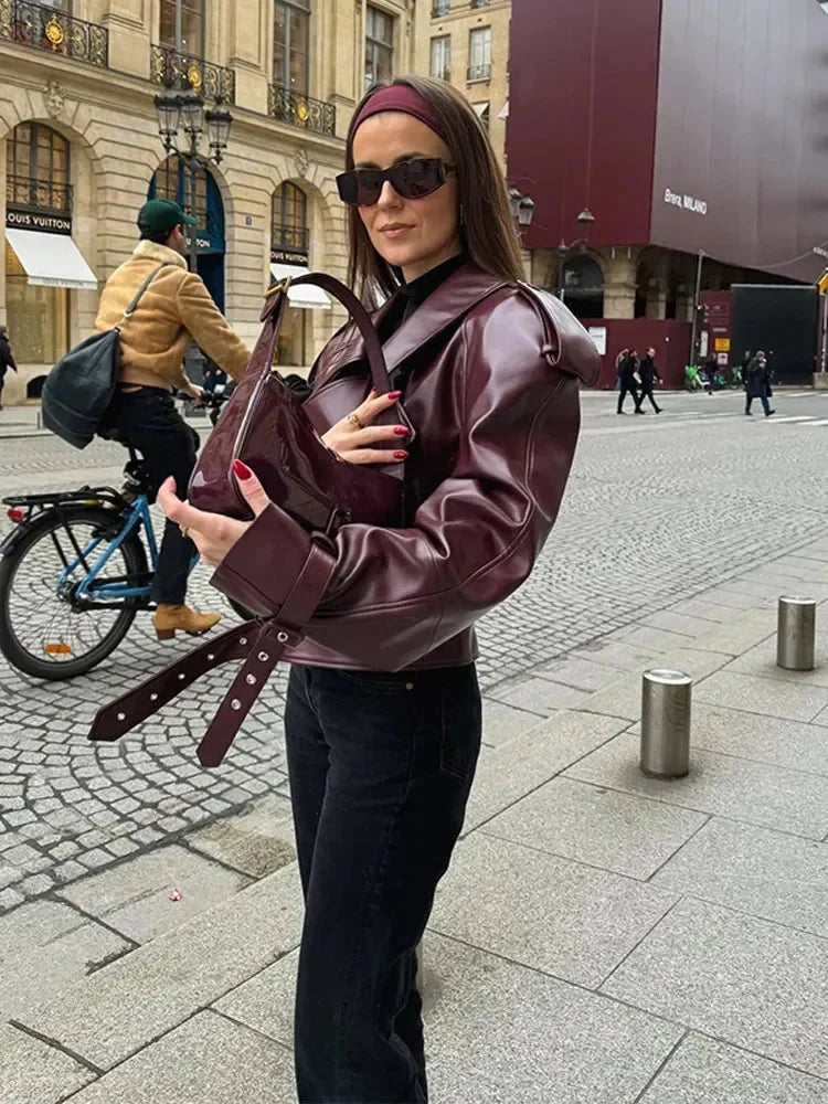 GR | Women's Leather Jacket, Faux Leather Biker Jacket with Belt 
