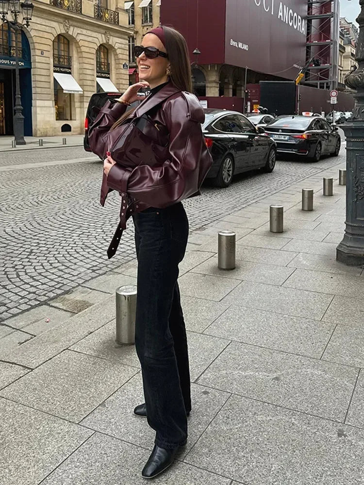 GR | Women's Leather Jacket, Faux Leather Biker Jacket with Belt 