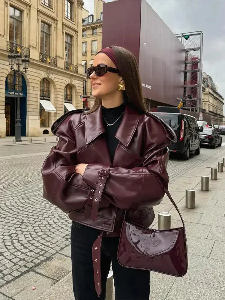 GR | Women's Leather Jacket, Faux Leather Biker Jacket with Belt 