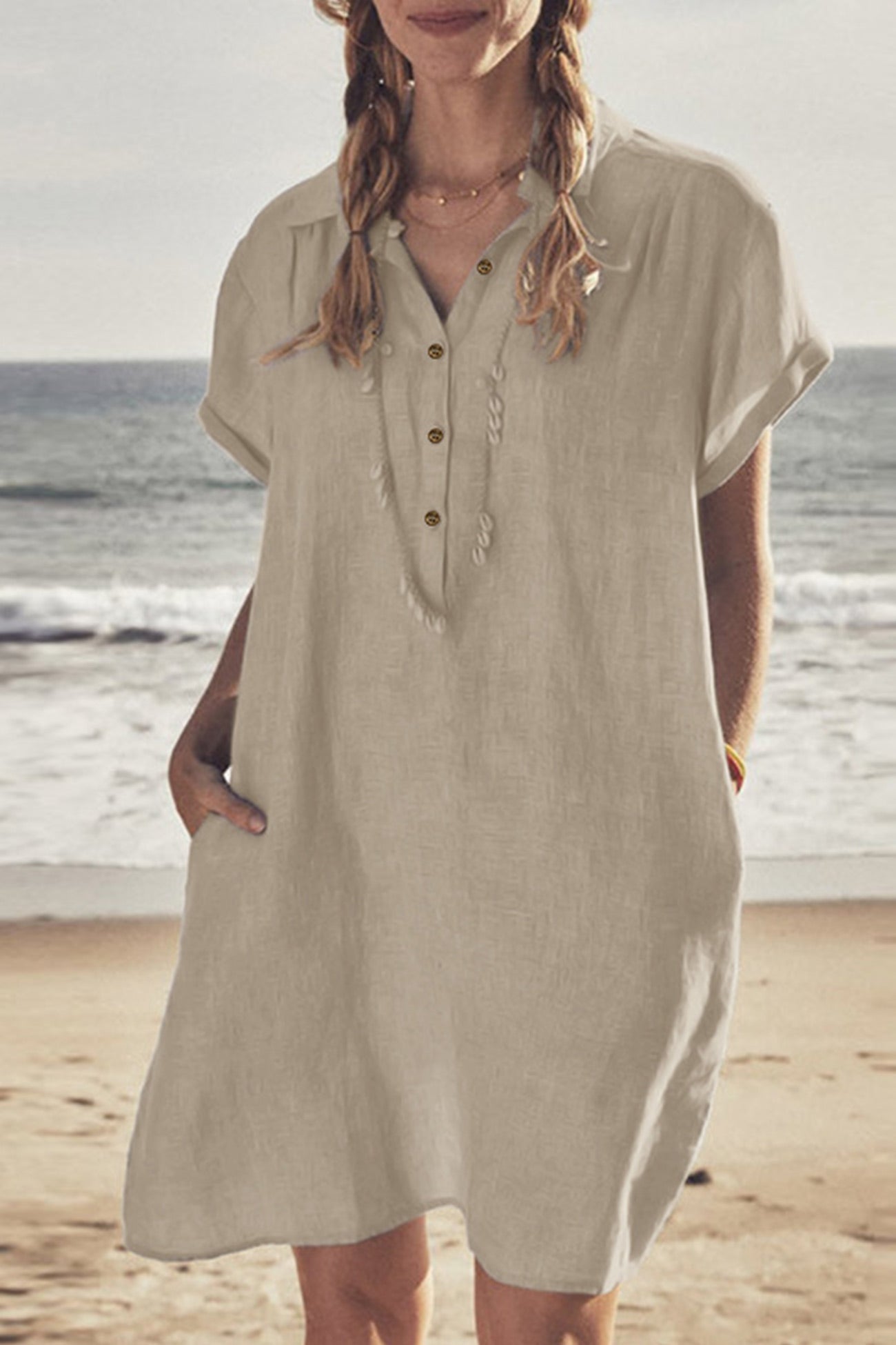 GR | Button closure cotton-linen beach dress