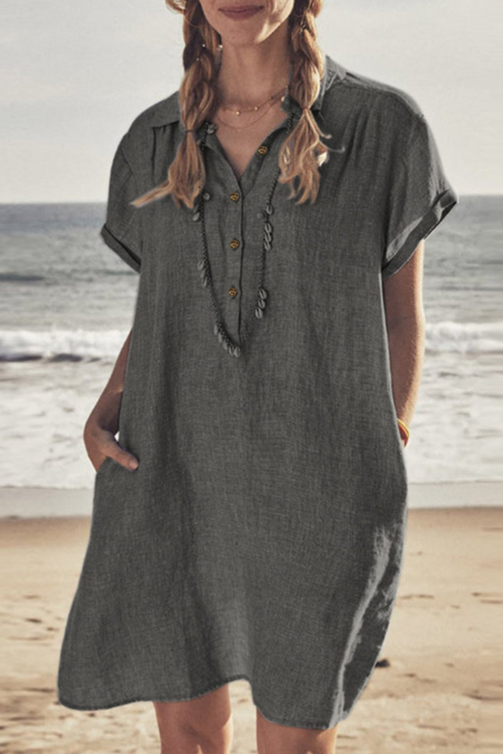 GR | Button closure cotton-linen beach dress