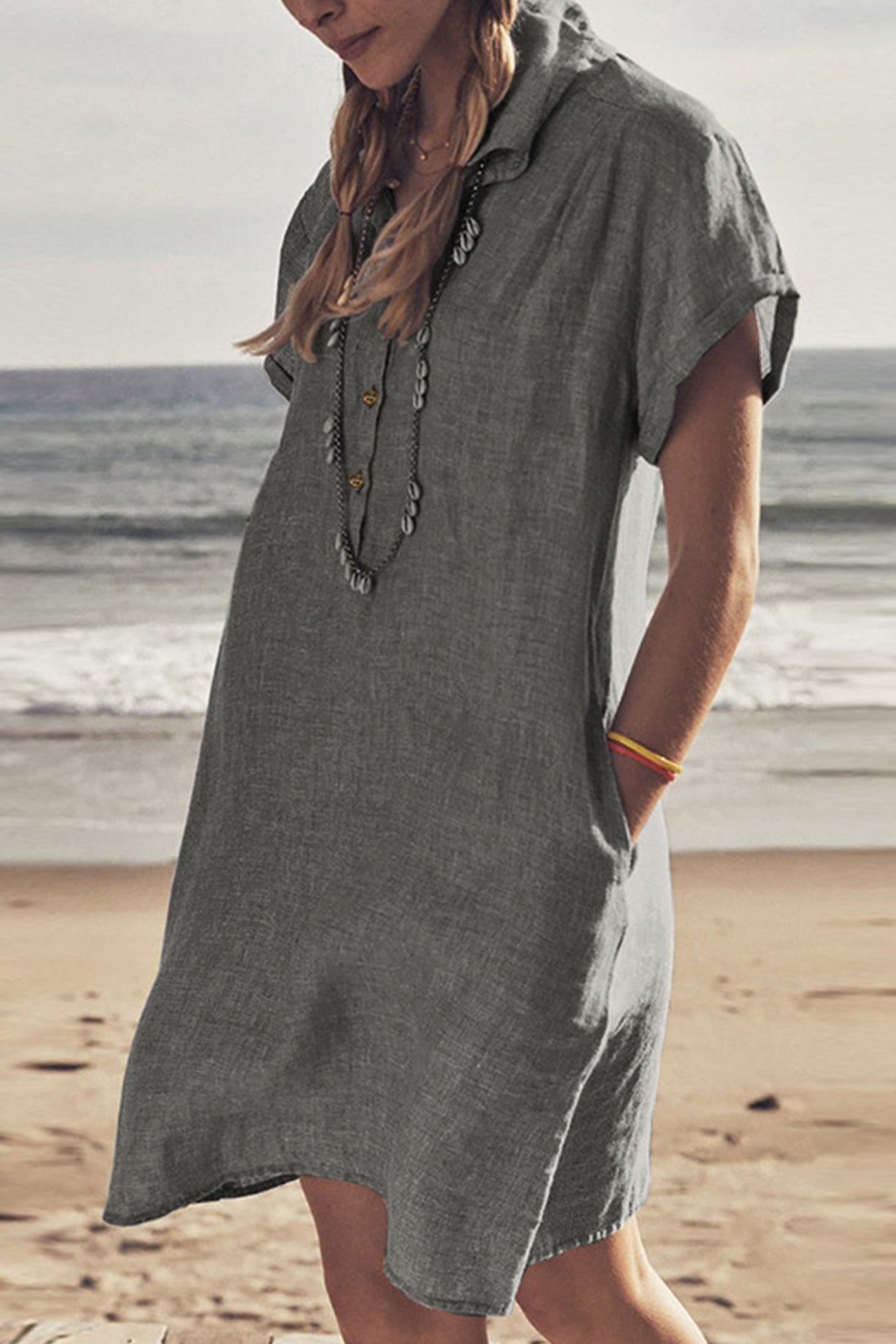 GR | Button closure cotton-linen beach dress