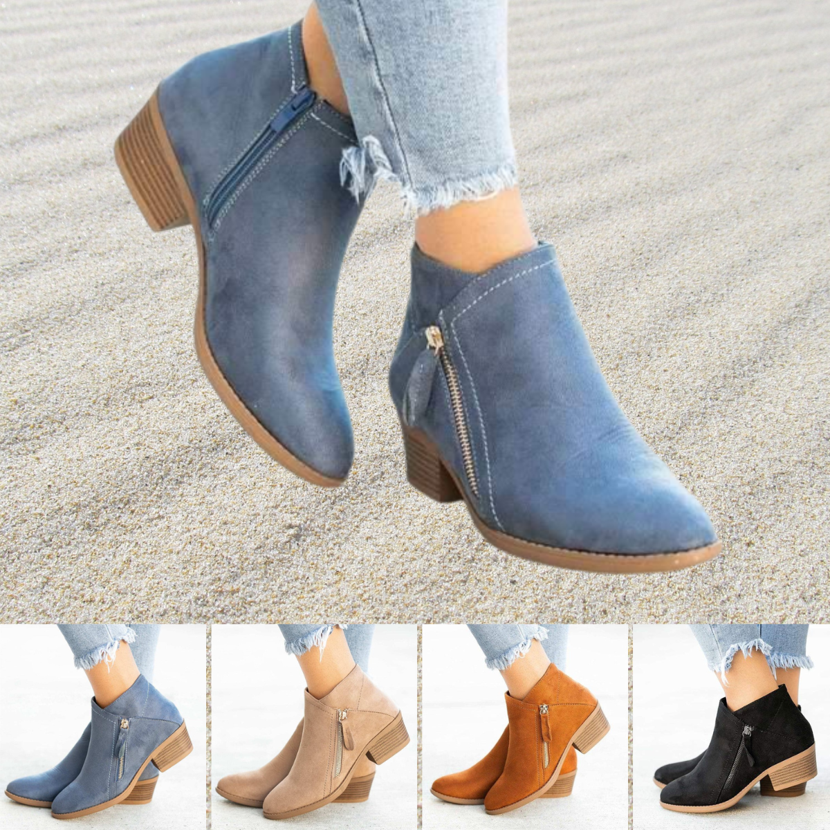 GR - Women's ankle boots with double zipper and chunky low heel 