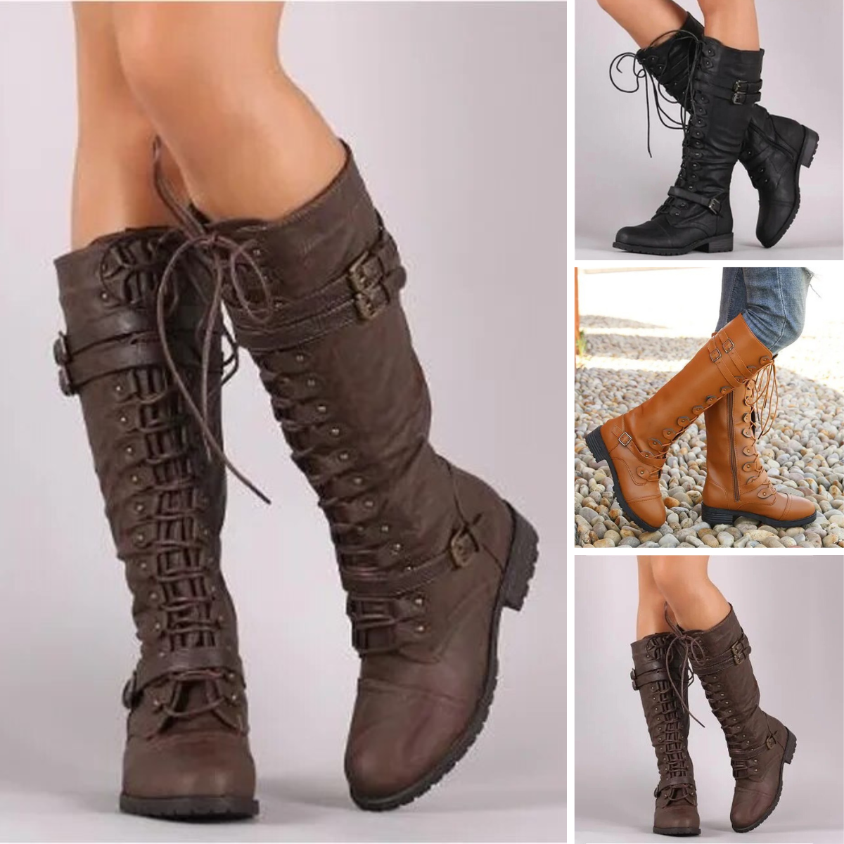 Retro lace-up boots with buckle