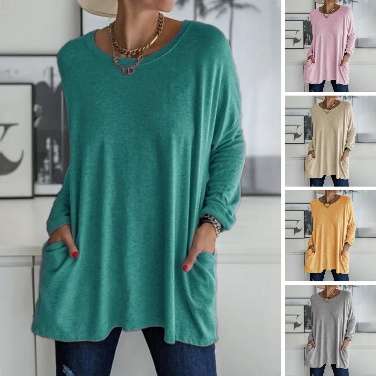 GR | Fashionable tunic top with pockets - Relaxed fit, round neck, long sleeves