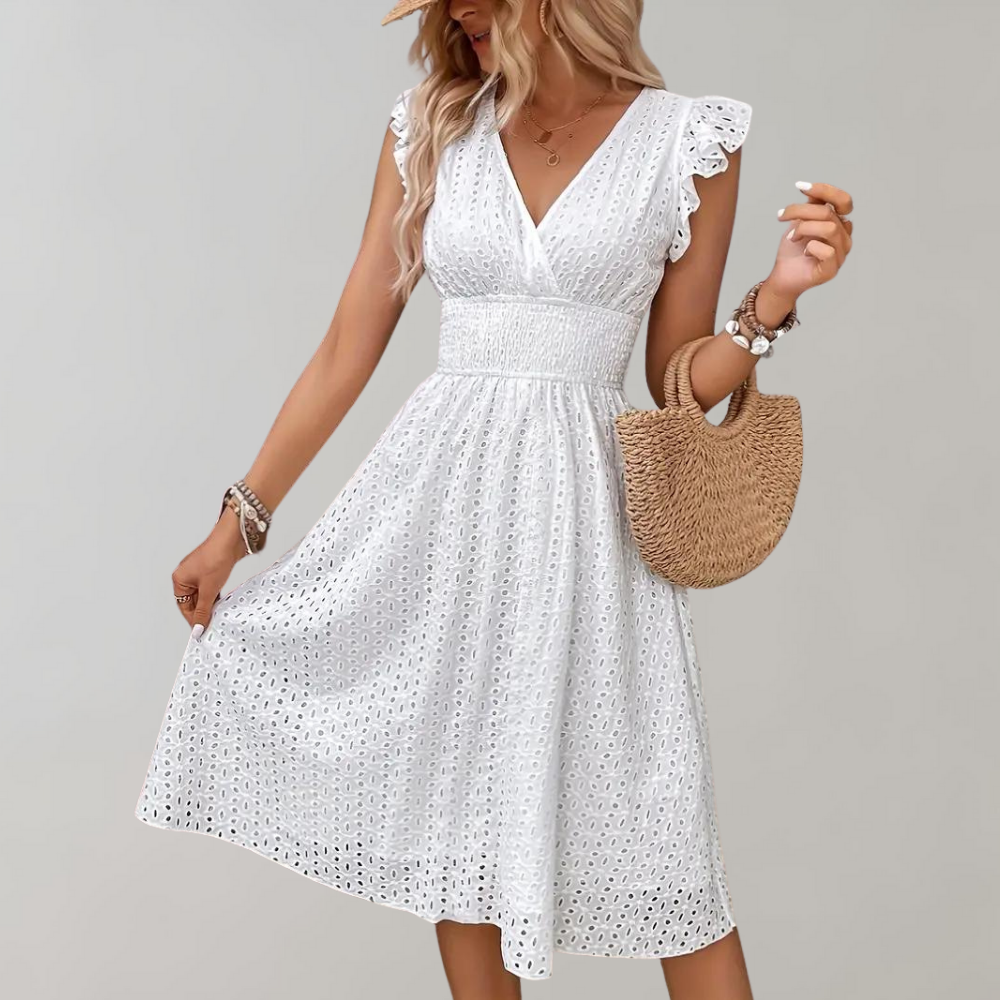 GR | Elegant white summer dress with ruffled sleeves