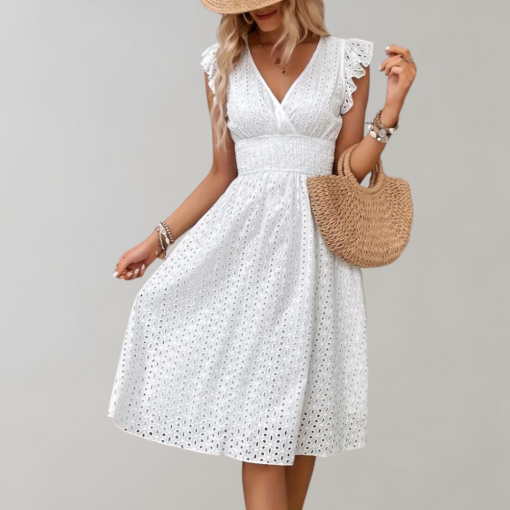 GR | Elegant white summer dress with ruffled sleeves