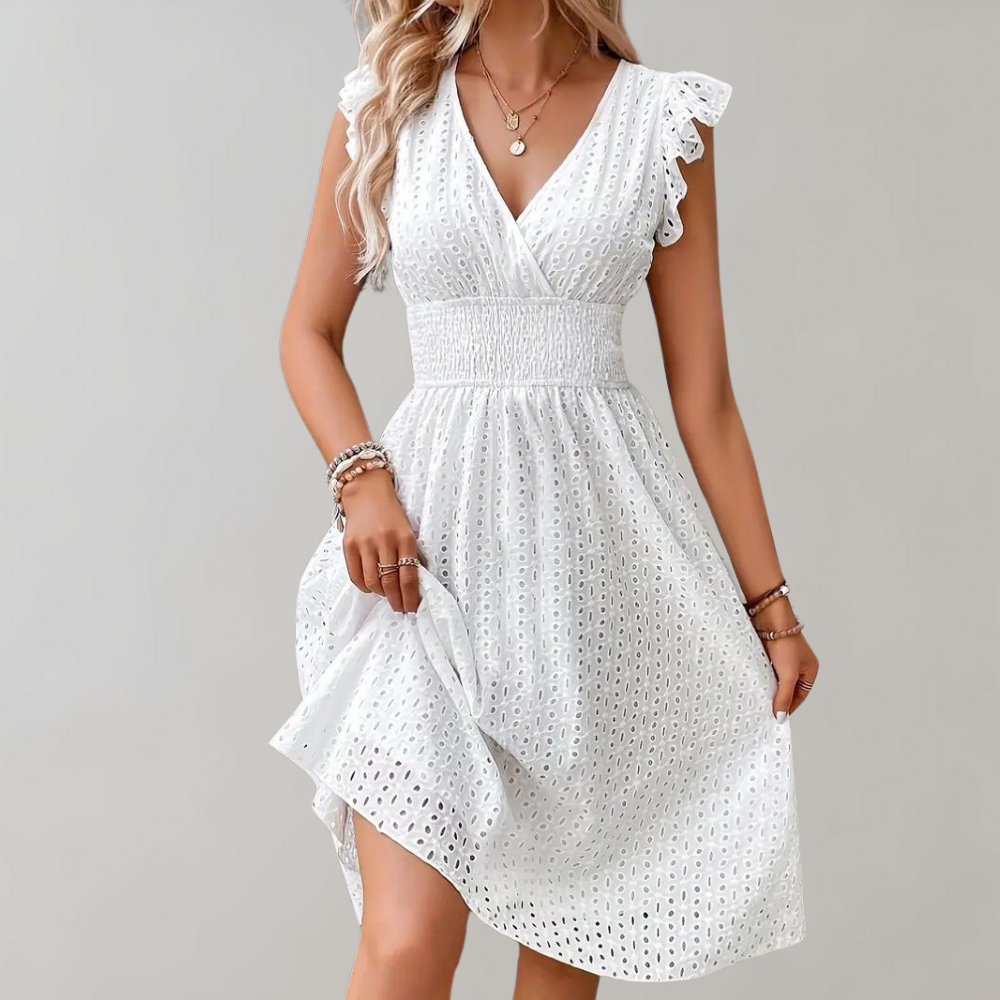GR | Elegant white summer dress with ruffled sleeves