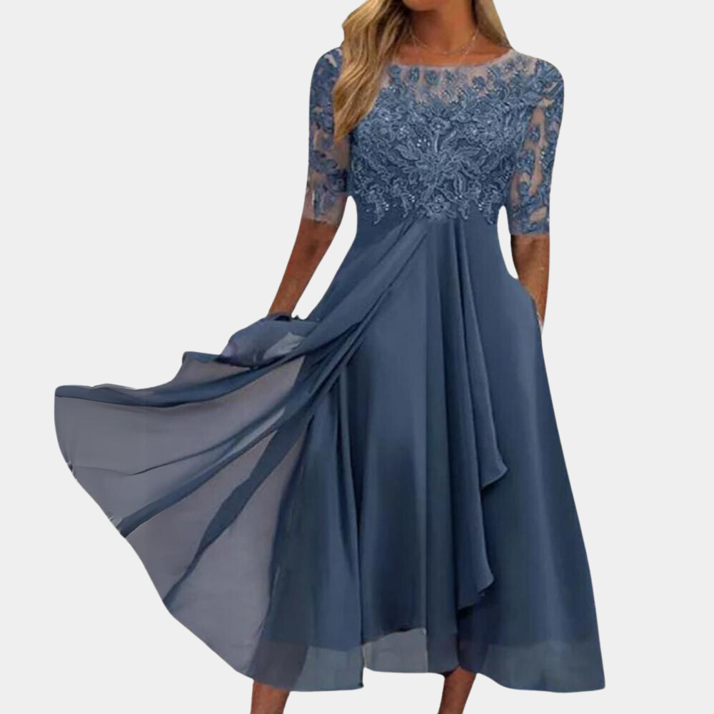 GR | Elegantes Spitzen Chiffon Midi Kleid für Damen