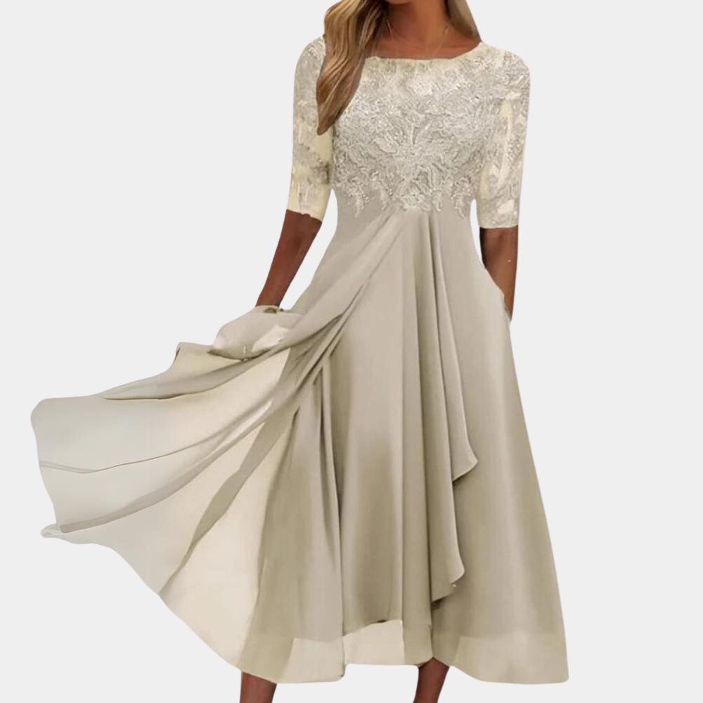 GR | Elegantes Spitzen Chiffon Midi Kleid für Damen