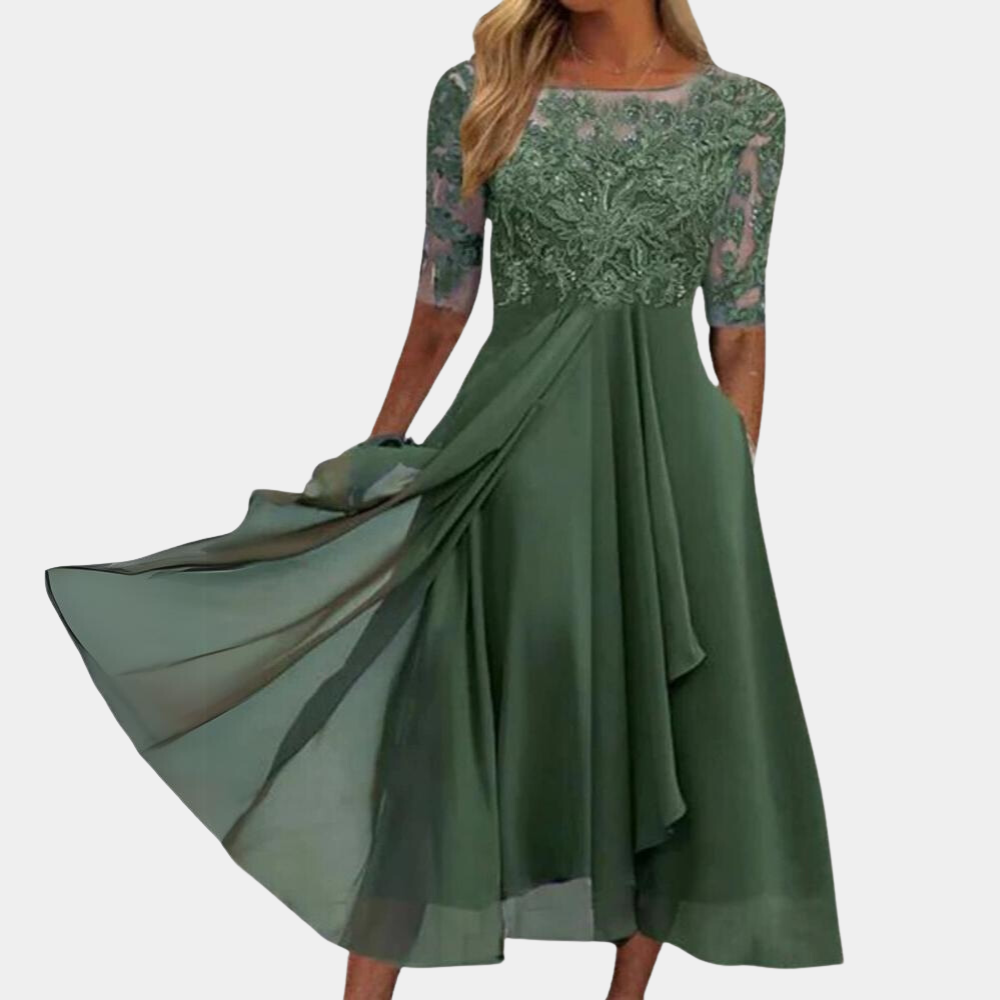 GR | Elegantes Spitzen Chiffon Midi Kleid für Damen
