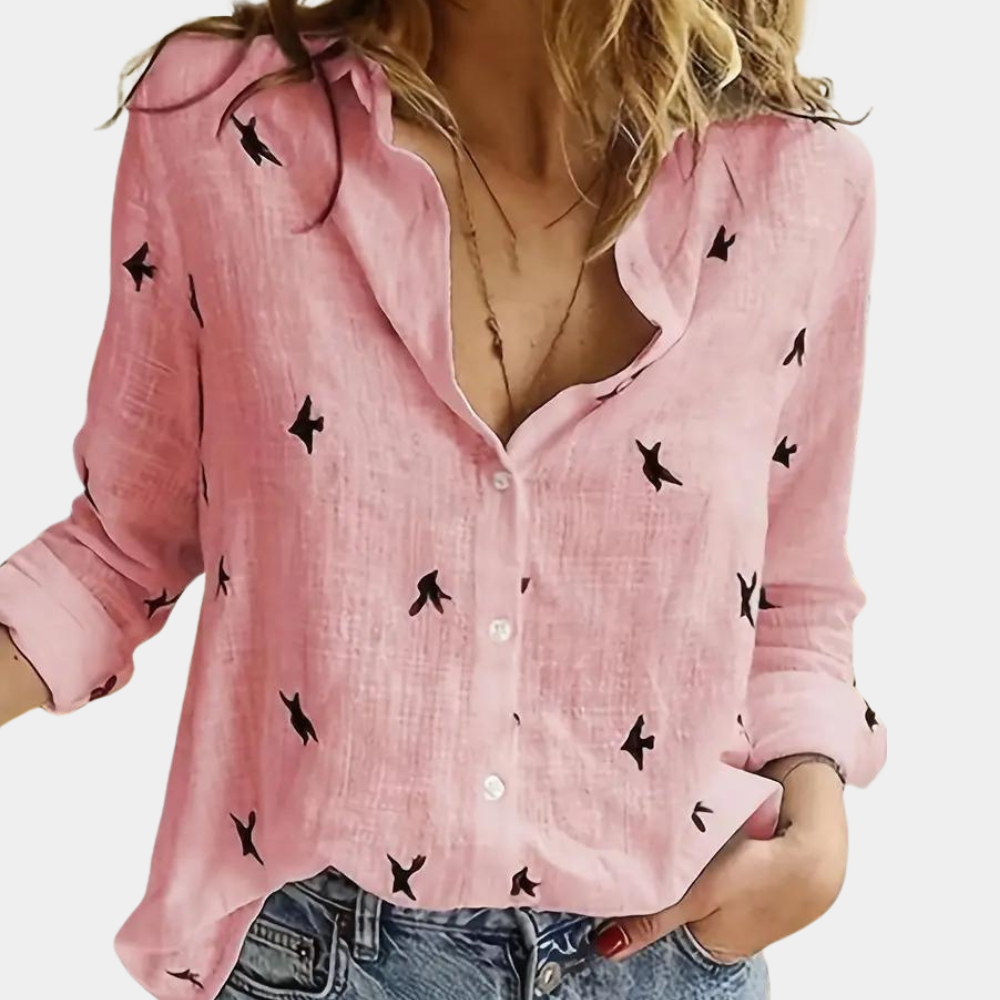 GR | Leinenhemd mit Knopfleiste und Vogelprint für Damen