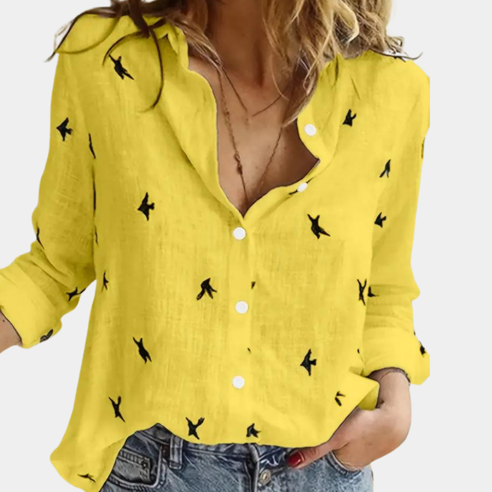 GR | Leinenhemd mit Knopfleiste und Vogelprint für Damen