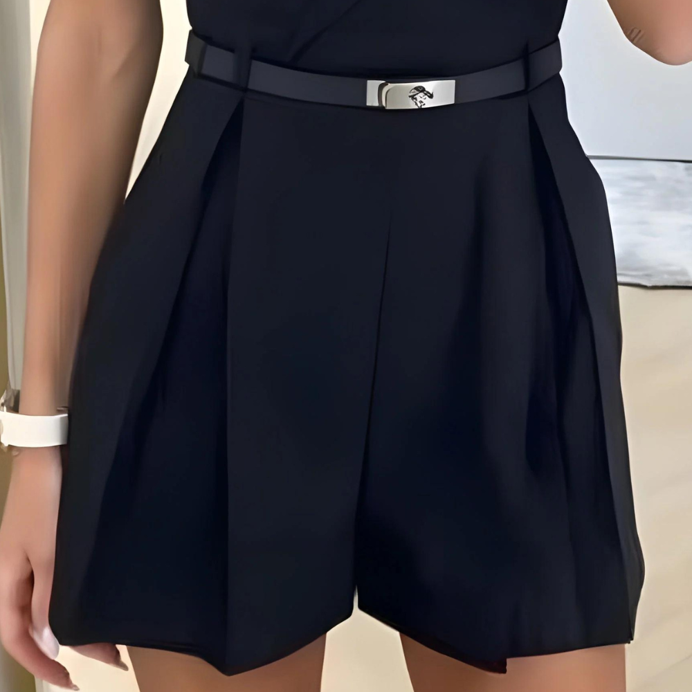 GR | Sleeveless jumpsuit with wrap V-neck, fitted belt, pleated shorts, and tailored fit