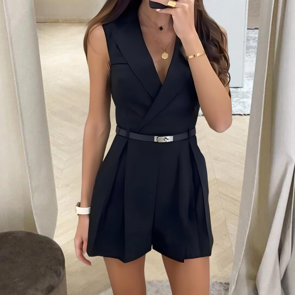 GR | Sleeveless jumpsuit with wrap V-neck, fitted belt, pleated shorts, and tailored fit