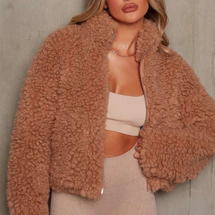 Stylish women's plush jacket with zipper