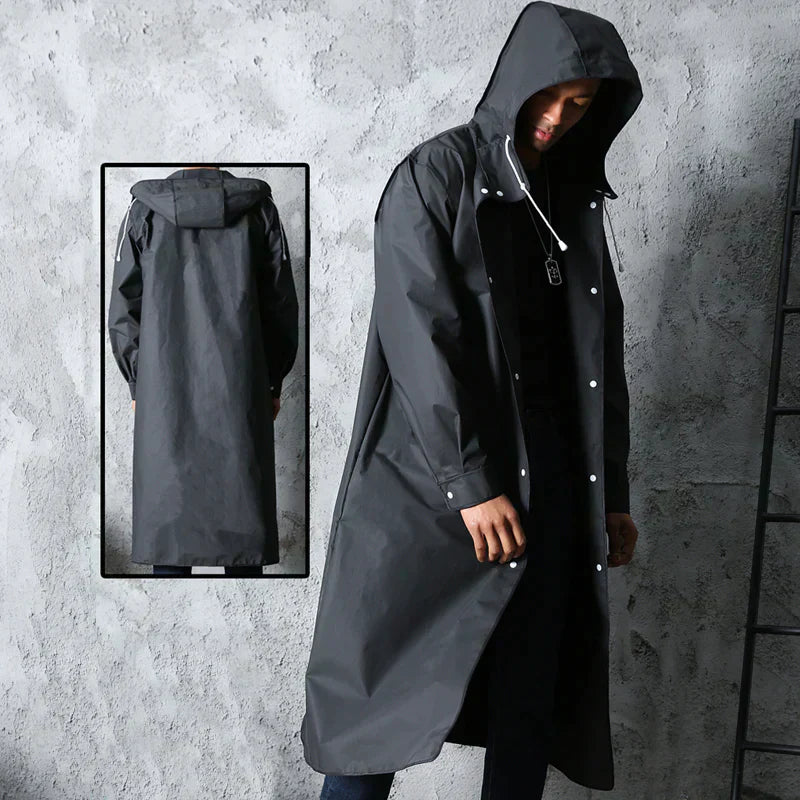 GR | Long Waterproof Rain Jacket with Hood and Snap Buttons Onyx Black