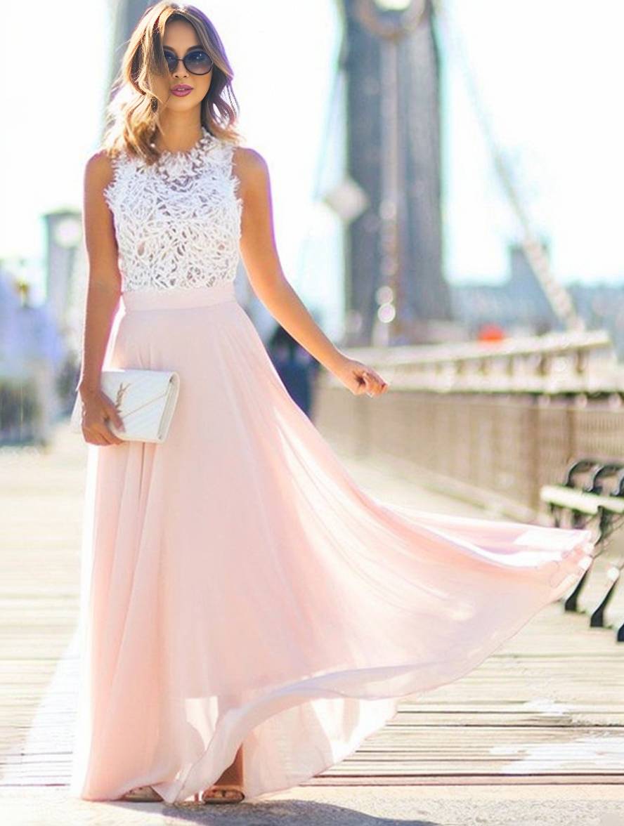 GR | Lange Brautjungfernkleid Spitze Chiffon Fluid Rundhals Ärmellos Elegant Rosa und Weiß