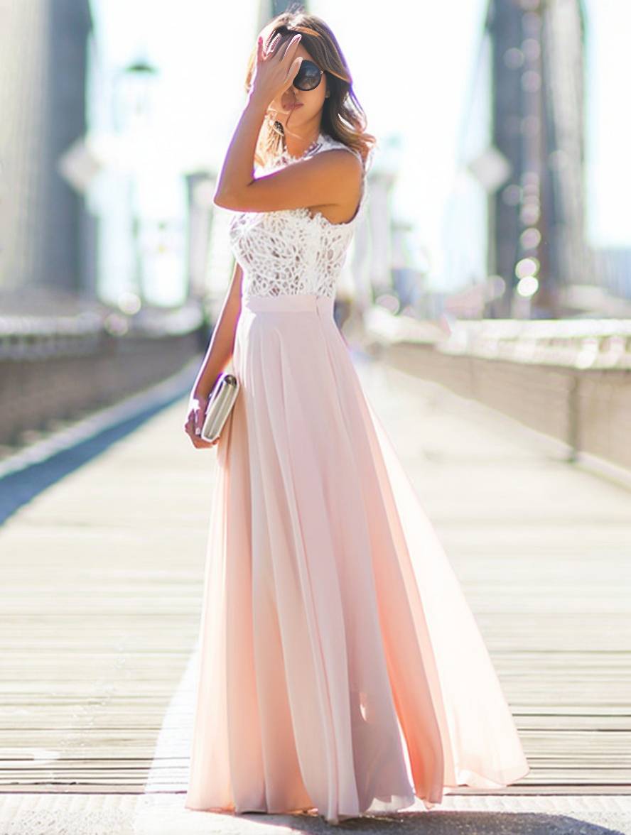 GR | Lange Brautjungfernkleid Spitze Chiffon Fluid Rundhals Ärmellos Elegant Rosa und Weiß