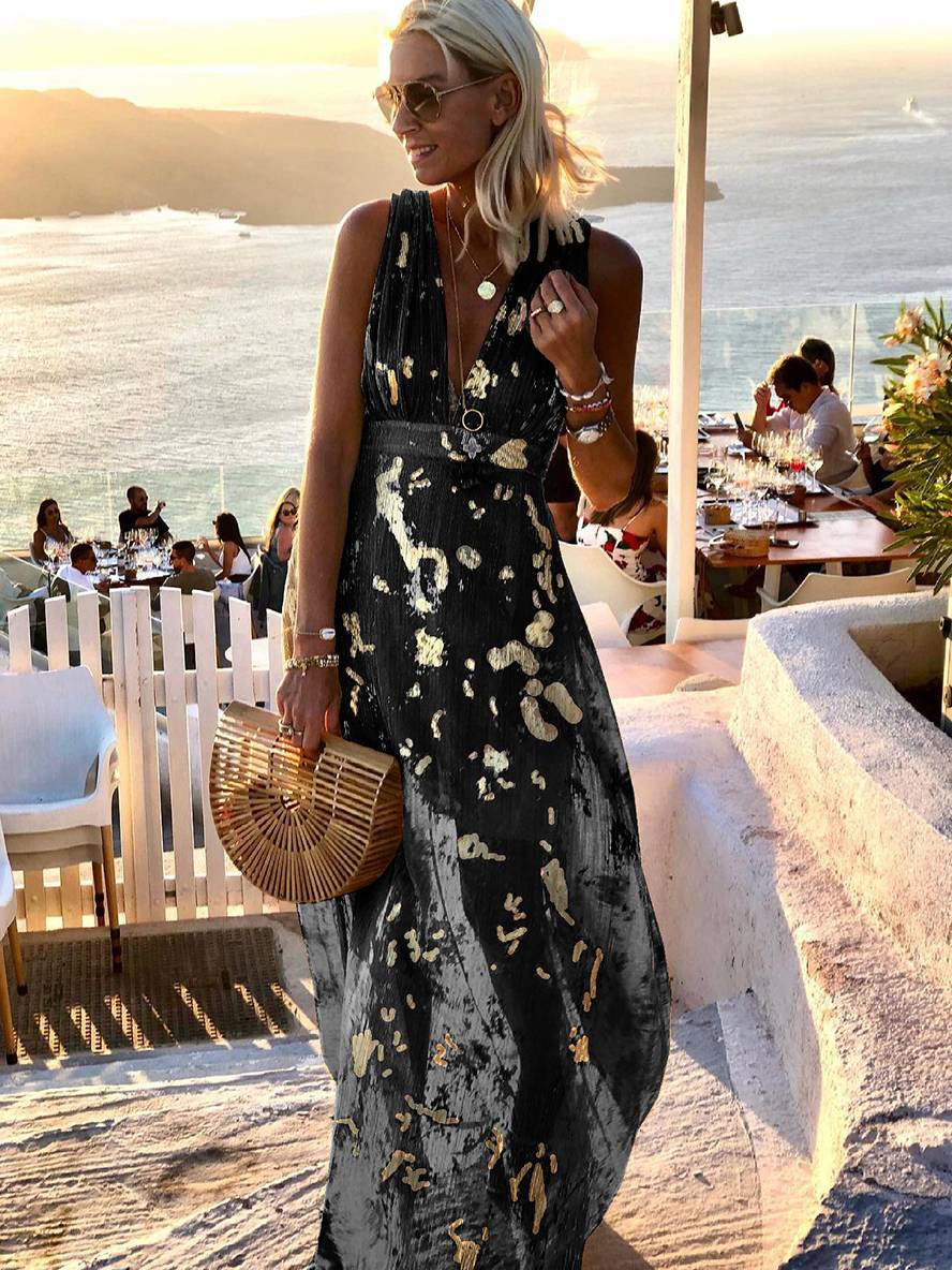GR | Langes Kleid Bronzage Glänzend Pailletten V-Ausschnitt Ohne Ärmel Elegante Damen Abendkleid Strand