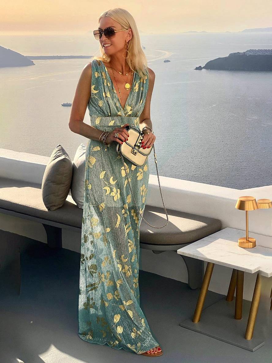 GR | Langes Kleid Bronzage Glänzend Pailletten V-Ausschnitt Ohne Ärmel Elegante Damen Abendkleid Strand