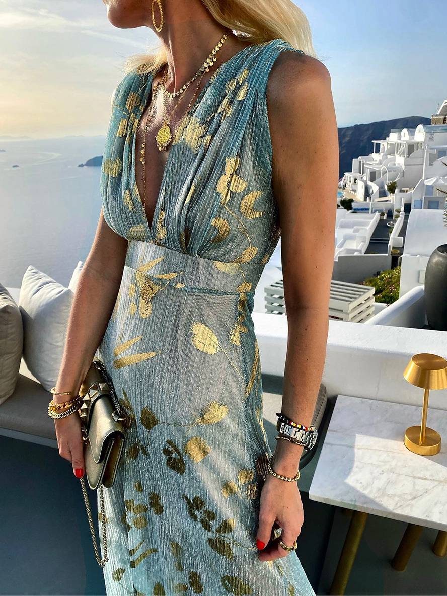 GR | Langes Kleid Bronzage Glänzend Pailletten V-Ausschnitt Ohne Ärmel Elegante Damen Abendkleid Strand