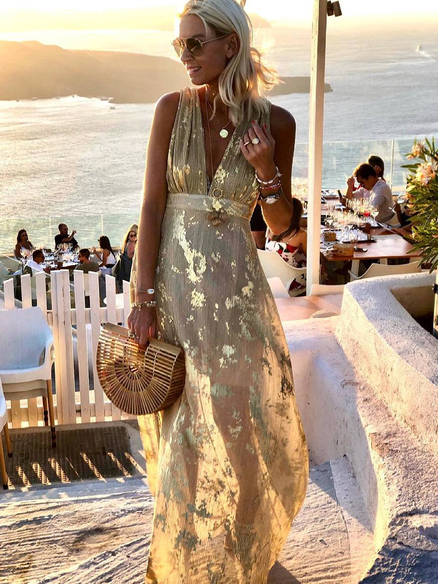 GR | Langes Kleid Bronzage Glänzend Pailletten V-Ausschnitt Ohne Ärmel Elegante Damen Abendkleid Strand